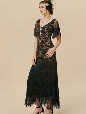 Black Fringe Sequin Maxi Dress - 1920s Inspired Evening Gown